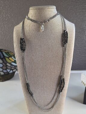 Multi-Layered Silver-Tone Necklace with Black Faceted Bead Accents